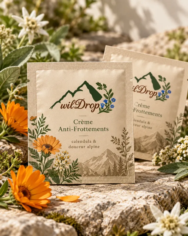 Deux sachets de crème anti-frottements wilDrop posés sur un rocher, entre calendulas et edelweiss