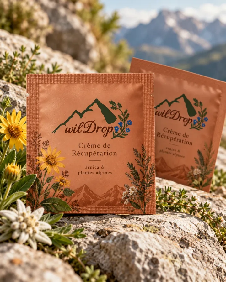 Deux sachets de crème de récupération wilDrop sur un rocher, avec des fleurs d’arnica et les sommets au loin