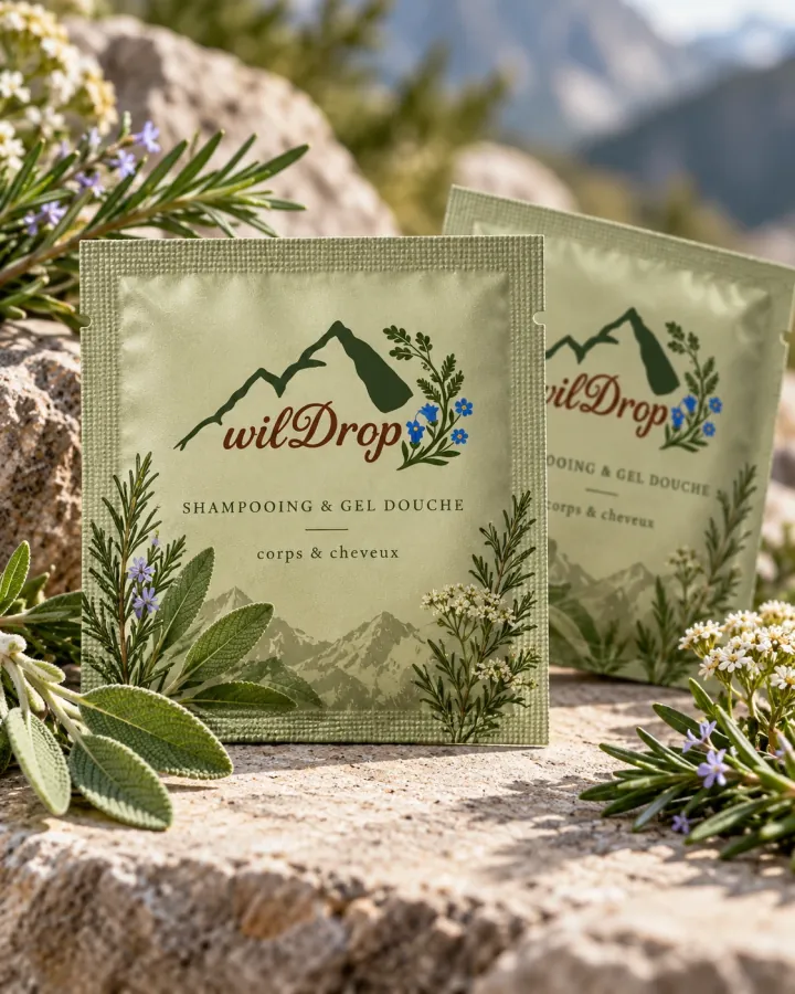 Deux sachets de shampooing et gel douche wilDrop sur un rocher, entre romarin et feuilles de sauge