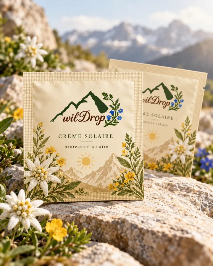 Deux sachets de crème solaire wilDrop sur un rocher ensoleillé, entourés d’edelweiss, face aux sommets