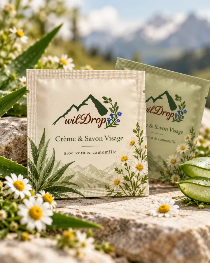 Deux sachets de crème et savon visage wilDrop sur un rocher, entre feuilles d’aloe vera et fleurs de camomille
